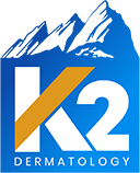 K2 Dermatology Dermatology logo with gold-orange stripe through