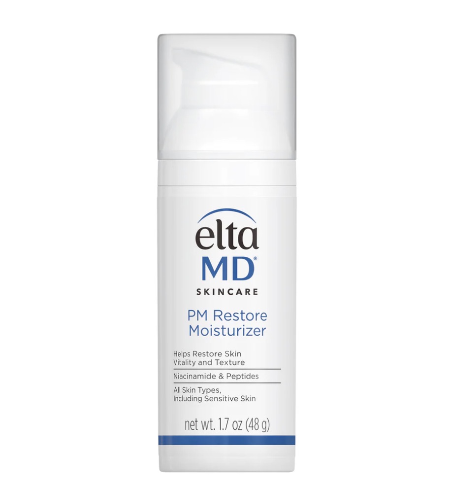 EltaMD PM Restore Moisturizer helps restore skin vitality and texture. Niacinamide and antioxidants help improve skin tone and texture, while hyaluronic acid and a ceramide hydrate and strengthen skin’s moisture barrier. The result is skin that looks smoother, brighter and healthy looking. Non-comedogenic, fragrance-free.