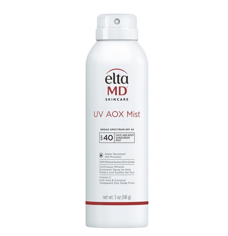 Enjoy a reimagined sunscreen spray experience with EltaMD UV AOX Mist Broad-Spectrum SPF 40 — a sheer-finish 100% mineral sunscreen spray that’s enriched with antioxidants to help prevent premature aging and rejuvenate skin. This lightweight and water-resistant formula is gentle enough to wear daily and leaves skin feeling hydrated and moisturized. With our white-to-clear technology, the only time you see the sunscreen is when you’re spraying it on (so you don’t miss a spot!). It conveniently absorbs into the skin within seconds and blends flawlessly into all skin types — no streaks, patches or white cast in sight. It’s air-powered technology removes the need for chemical propellants, and features 360-degree sprayability for easy application from any angle — even upside down for hard-to-reach places, like the nape of your neck or in between your shoulder blades.