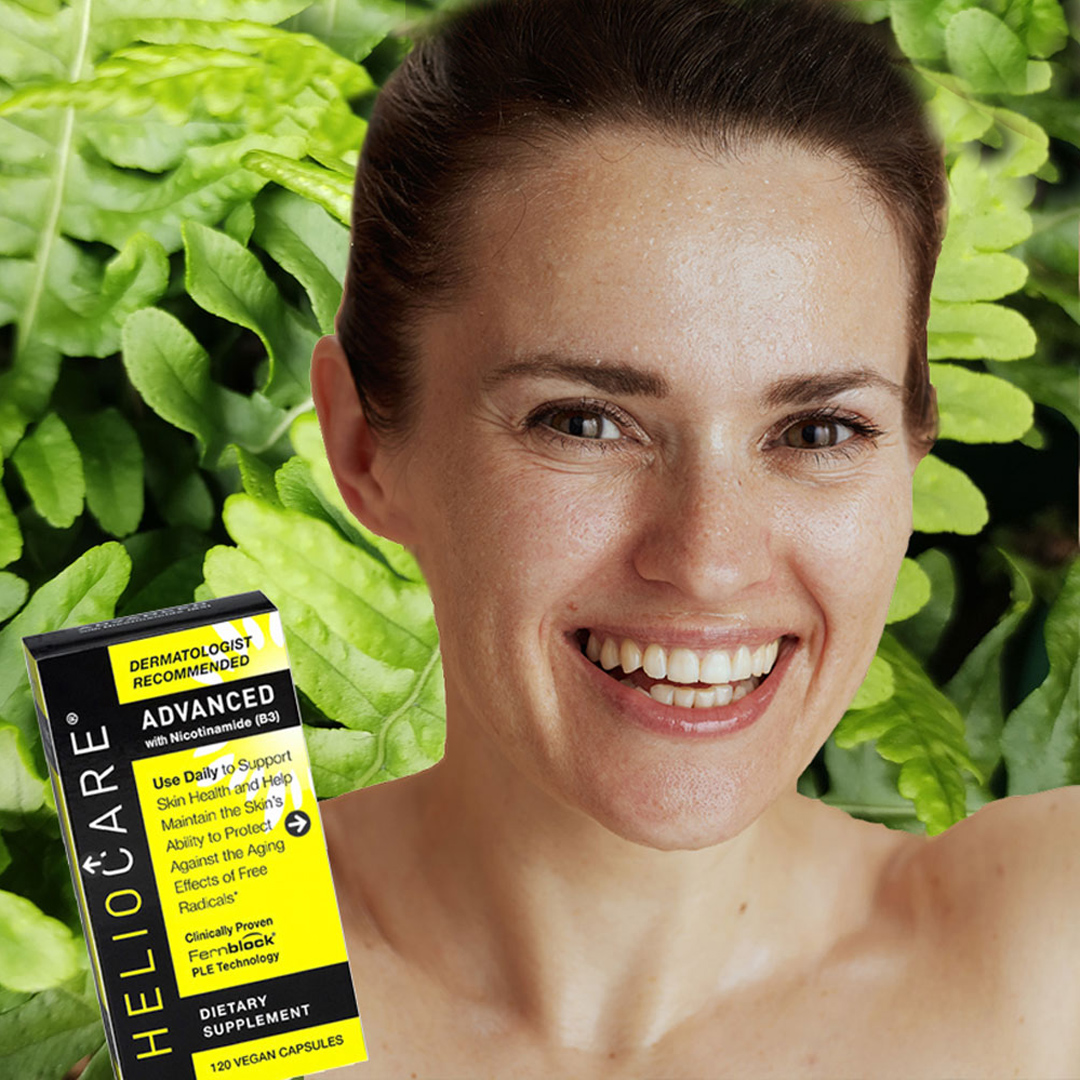 Photo showing brunette smiling with box of Heliocare overlayed