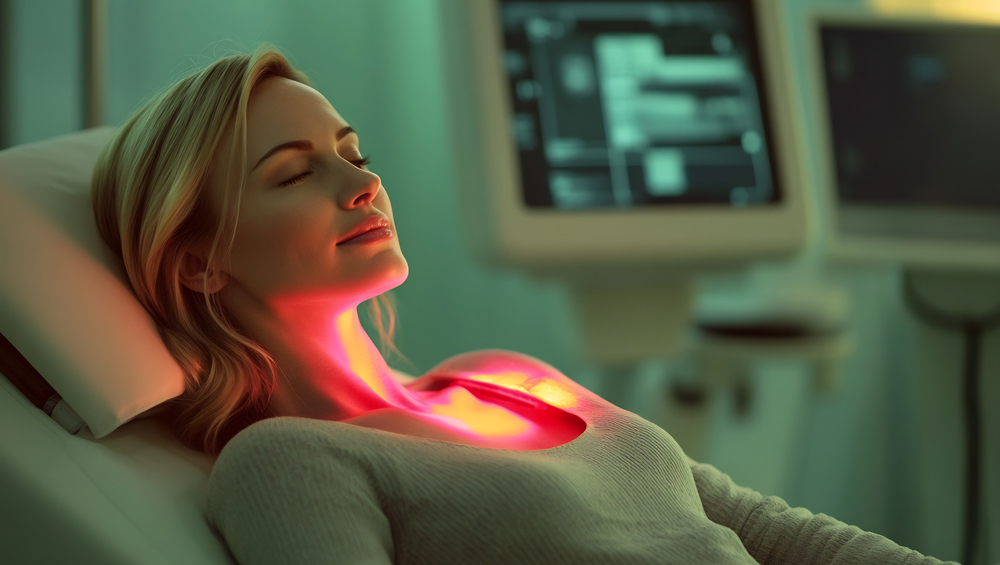 Patient experiencing healing benefits of photodynamic treatment