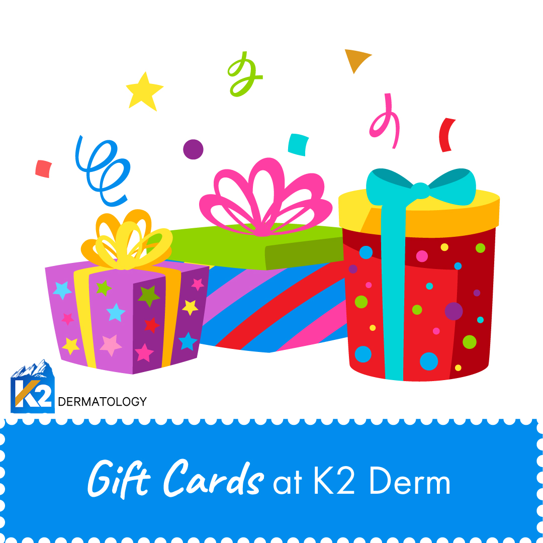 Gift cards at K2 Dermatology -- illustration of gifts and confetti